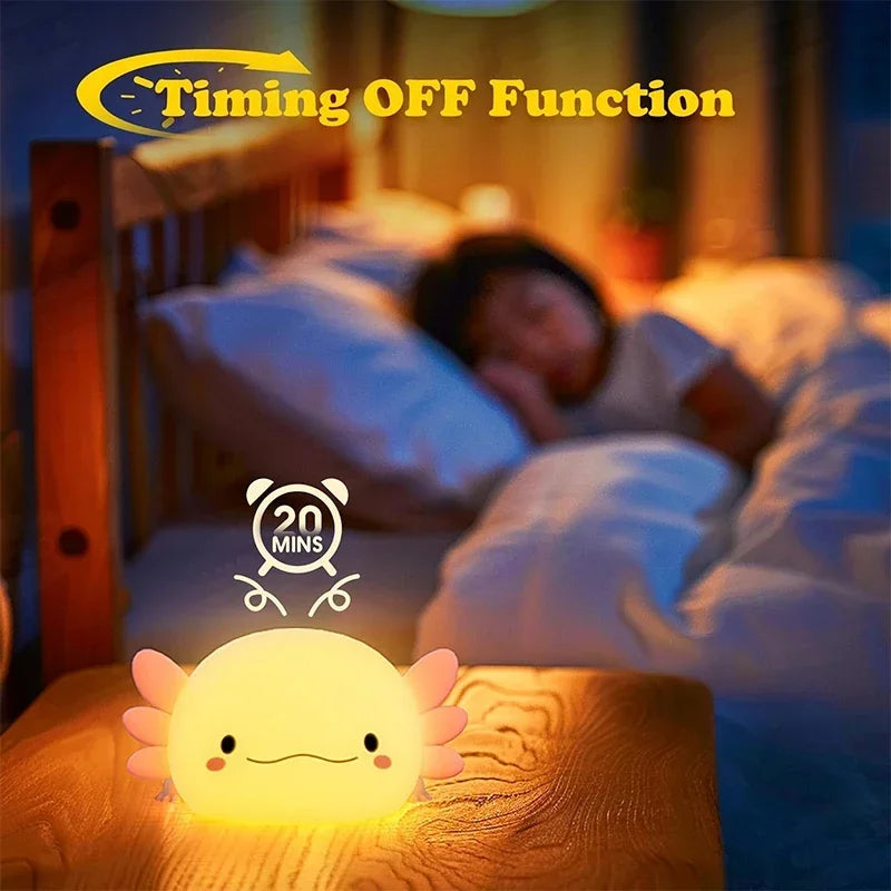 Cute Axolotl Night Light – USB Rechargeable Silicone Touch-Control Lamp for Baby & Kids’ Rooms 🦎💡