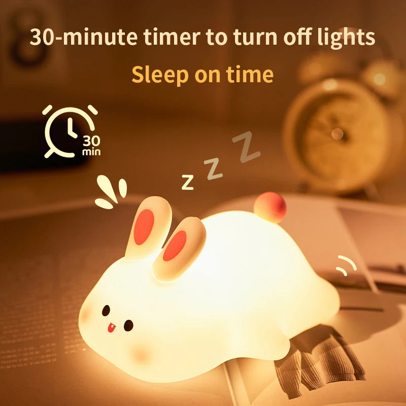 Cute Rabbit LED Night Light – Soft Silicone Bedside Lamp for Kids – USB Rechargeable with Timer Function 🐰💡