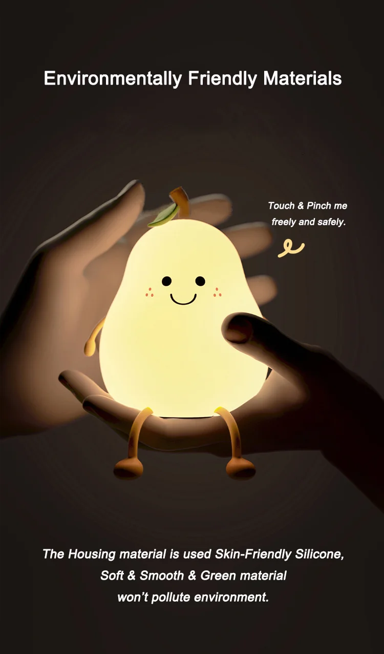 Creative Mini Pear Shaped Pat Light – Soft Silicone Rechargeable Night Light for Kids’ Bedrooms 🍐💡