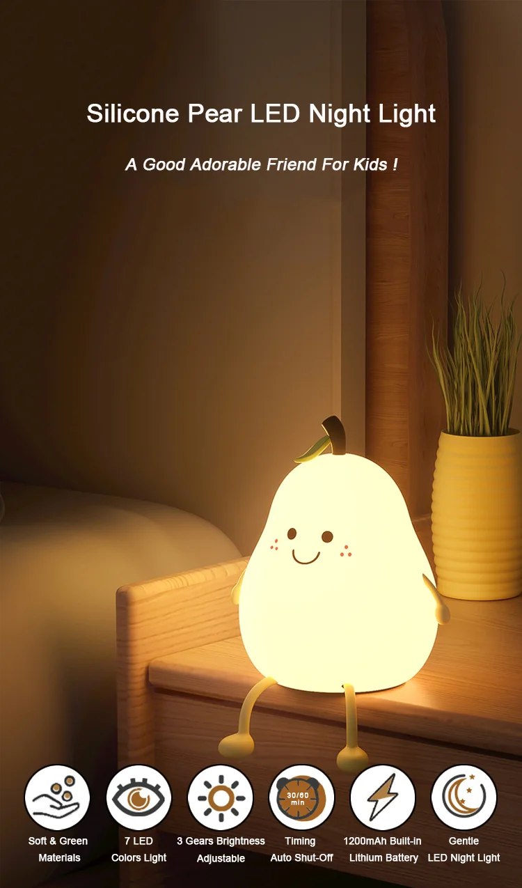 Creative Mini Pear Shaped Pat Light – Soft Silicone Rechargeable Night Light for Kids’ Bedrooms 🍐💡