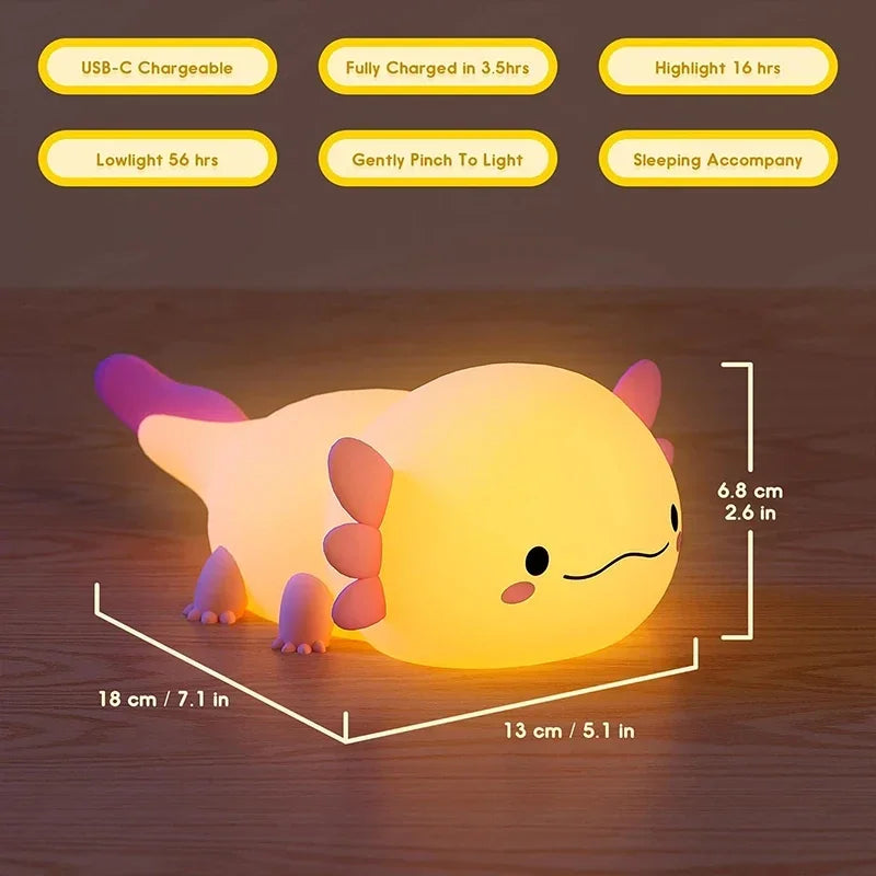 Cute Axolotl Night Light – USB Rechargeable Silicone Touch-Control Lamp for Baby & Kids’ Rooms 🦎💡