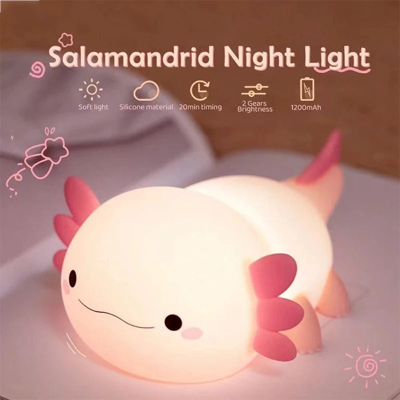 Cute Axolotl Night Light – USB Rechargeable Silicone Touch-Control Lamp for Baby & Kids’ Rooms 🦎💡