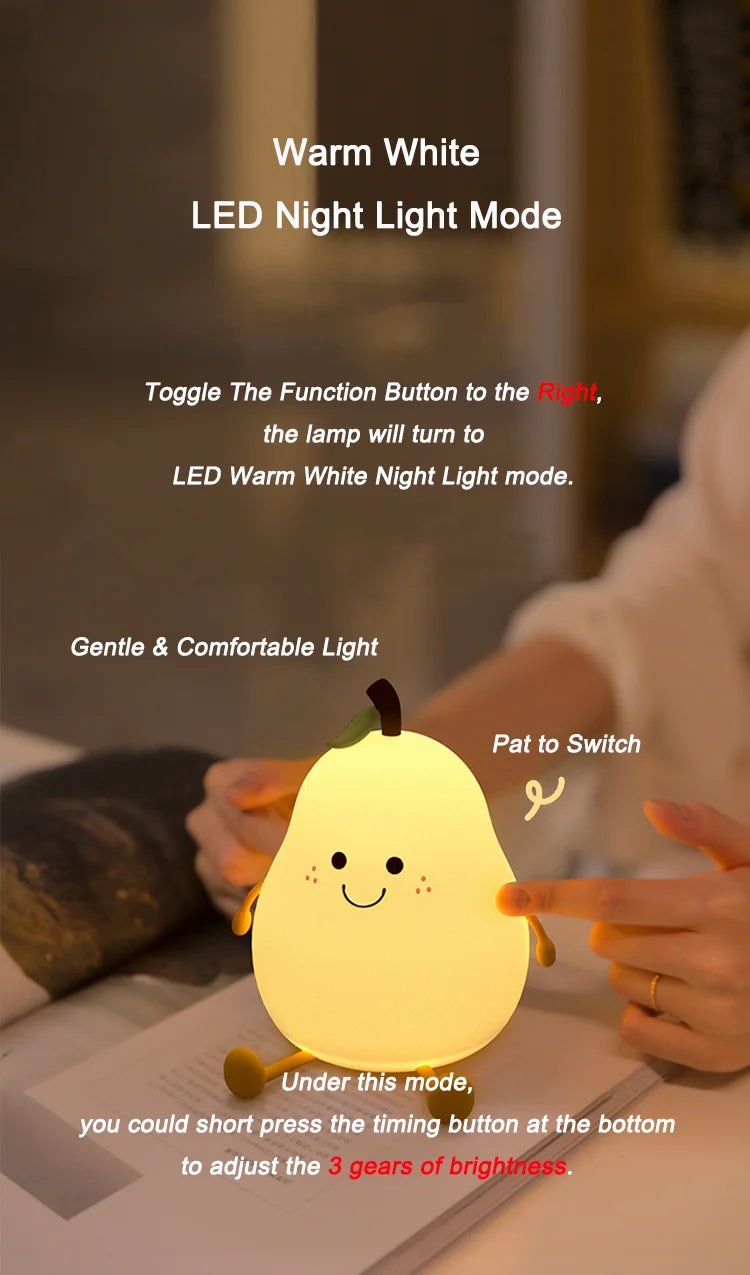 Creative Mini Pear Shaped Pat Light – Soft Silicone Rechargeable Night Light for Kids’ Bedrooms 🍐💡