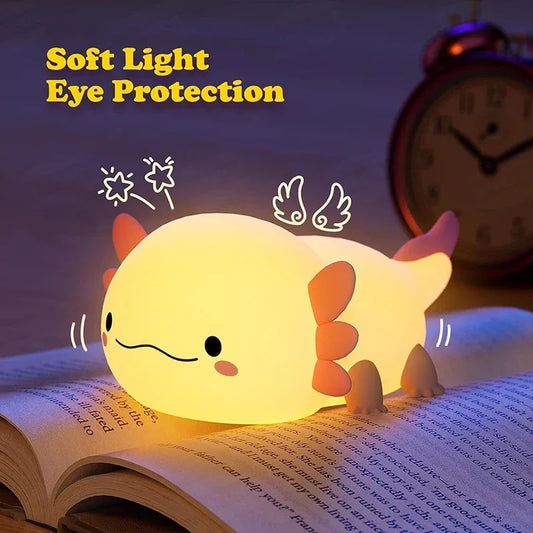 Cute Axolotl Night Light – USB Rechargeable Silicone Touch-Control Lamp for Baby & Kids’ Rooms 🦎💡