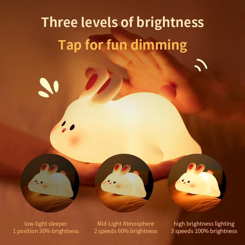 Cute Rabbit LED Night Light – Soft Silicone Bedside Lamp for Kids – USB Rechargeable with Timer Function 🐰💡