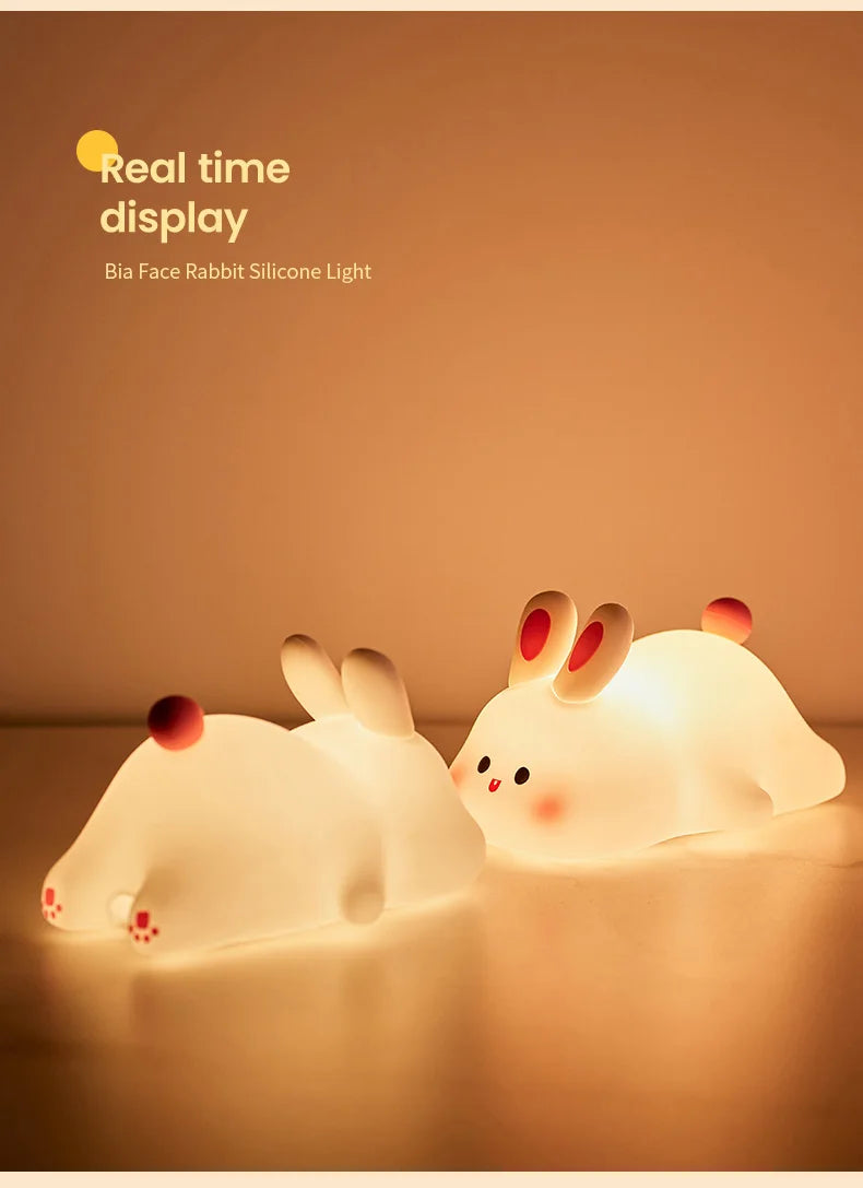 Cute Rabbit LED Night Light – Soft Silicone Bedside Lamp for Kids – USB Rechargeable with Timer Function 🐰💡