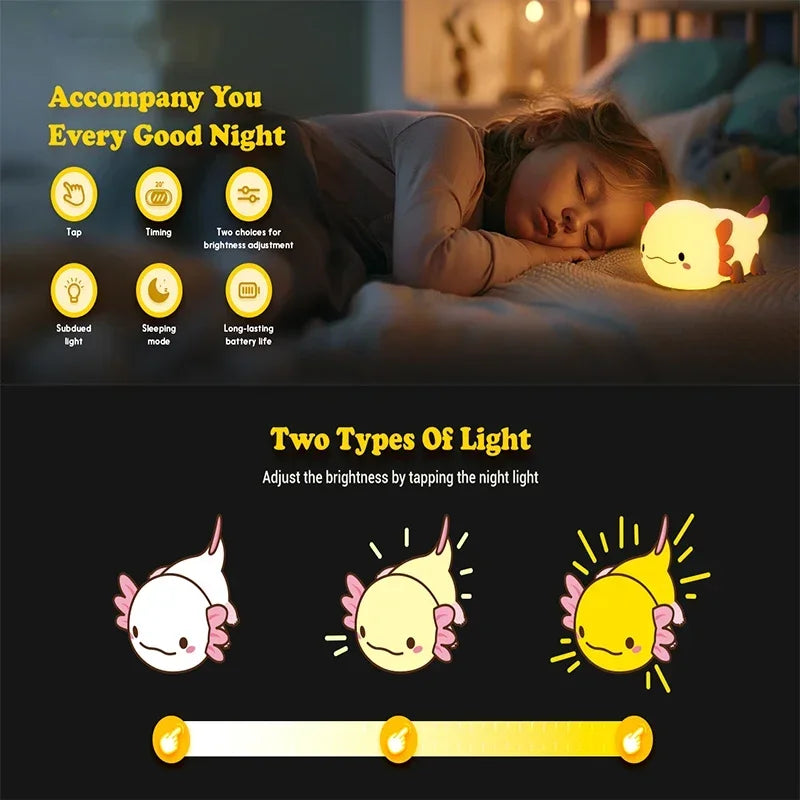 Cute Axolotl Night Light – USB Rechargeable Silicone Touch-Control Lamp for Baby & Kids’ Rooms 🦎💡