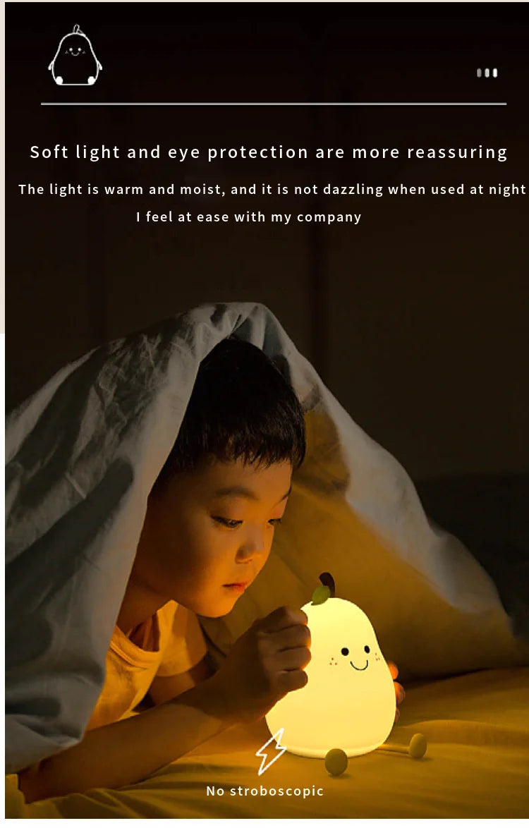 Creative Mini Pear Shaped Pat Light – Soft Silicone Rechargeable Night Light for Kids’ Bedrooms 🍐💡